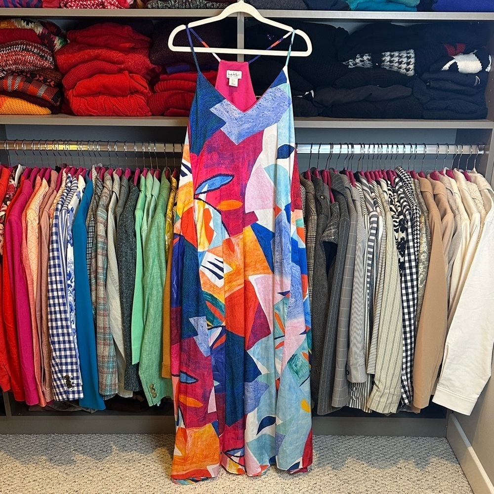 Nicole Miller multicolored print sleeveless v neck 2 pocket maxi dress size S